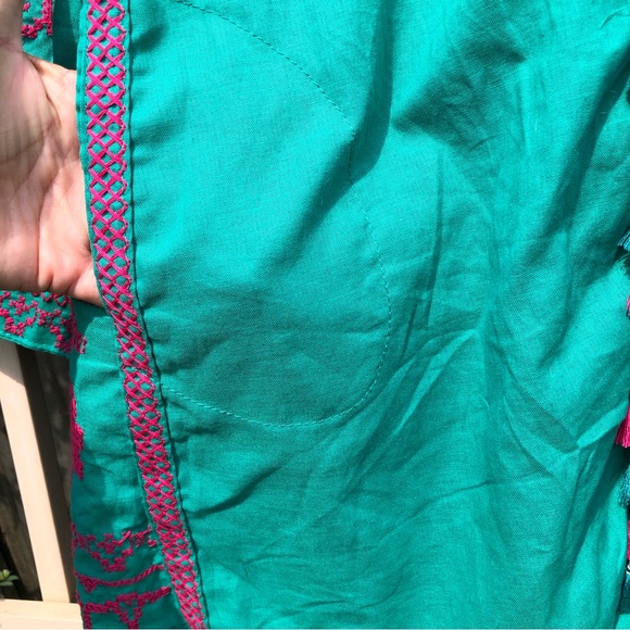 🛍️ Bohemian Green Lantern Sleeve Embroidered Tassels Tunic Dress M - Picture 6 of 10